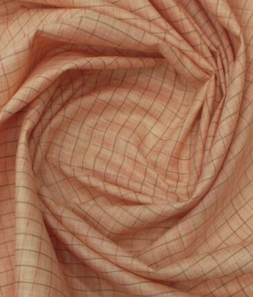 Exquisite Khadi Look Peach base Brown Checks Cotton Blend Shirt Fabric (2.40 M)