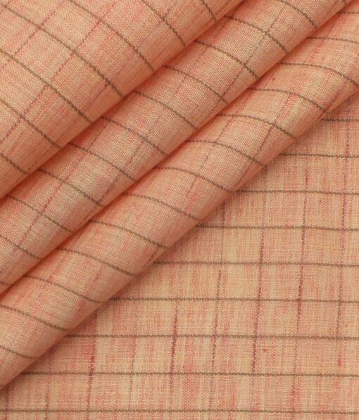 Exquisite Khadi Look Peach base Brown Checks Cotton Blend Shirt Fabric (2.40 M)