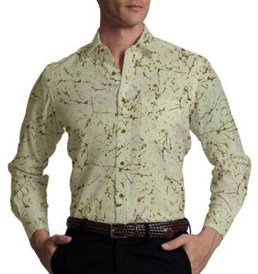 Exquisite Khadi Look Beige base Brown Spray Printed Cotton Blend Shirt Fabric (2.40 M)