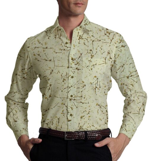 Exquisite Khadi Look Beige base Brown Spray Printed Cotton Blend Shirt Fabric (2.40 M)