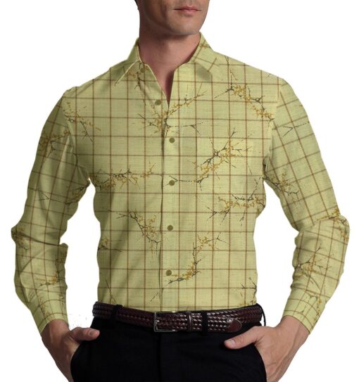 Exquisite Khadi Look Yellowish Beige Printed Checks Cotton Blend Shirt Fabric (2.40 M)