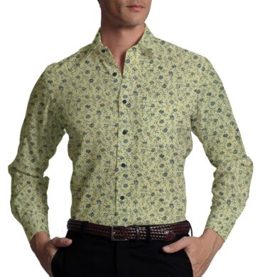 Exquisite Beige 100% Pure Cotton Blue Floral Print Shirt Fabric (2.40 M)