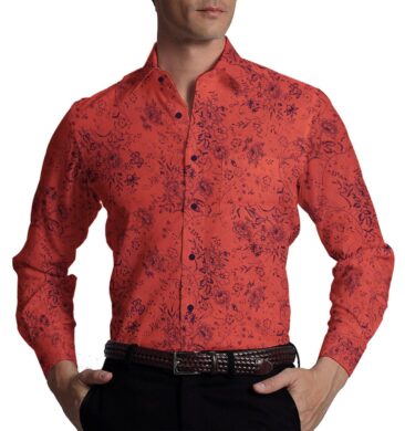 Exquisite Bright Peach 100% Pure Cotton Blue Floral Print Shirt Fabric (2.40 M)