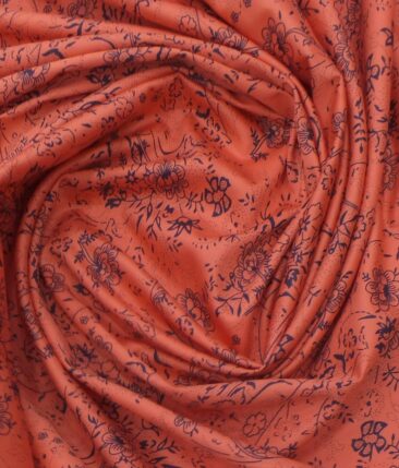 Exquisite Bright Peach 100% Pure Cotton Blue Floral Print Shirt Fabric (2.40 M)