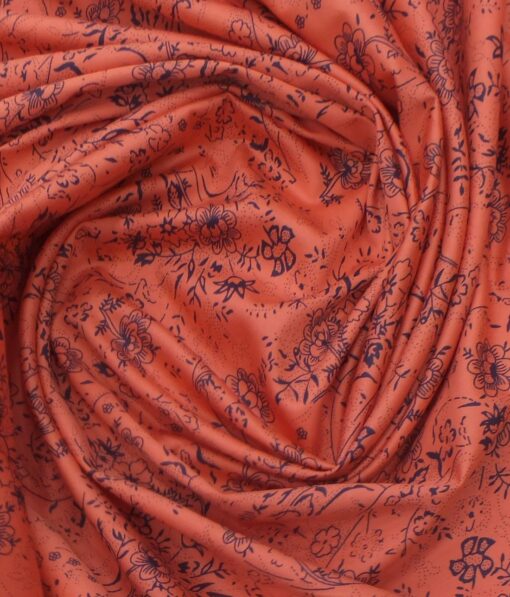 Exquisite Bright Peach 100% Pure Cotton Blue Floral Print Shirt Fabric (2.40 M)