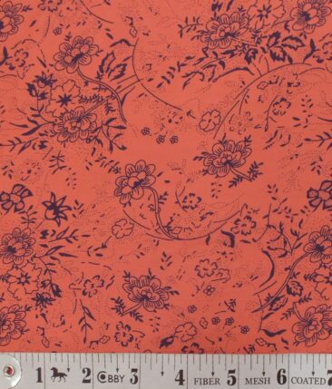 Exquisite Bright Peach 100% Pure Cotton Blue Floral Print Shirt Fabric (2.40 M)