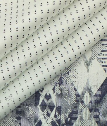 Exquisite White 100% Pure Cotton Blue Print Designer Shirt Fabric (2.40 M)