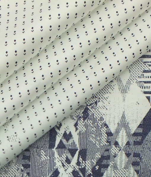 Exquisite White 100% Pure Cotton Blue Print Designer Shirt Fabric (2.40 M)