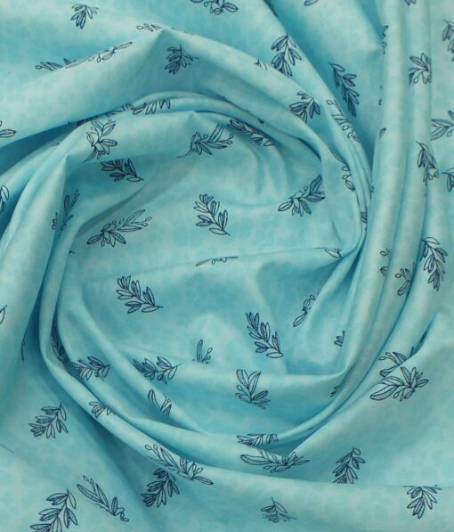 Exquisite Light Firozi Blue 100% Pure Cotton Blue Floral Print Shirt Fabric (2.40 M)
