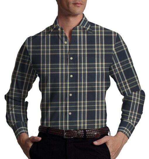 Raymond Oat Beige Self Design Trouser Fabric With Exquisite Dark Navy Blue Burberry Check Shirt Fabric (Unstitched)
