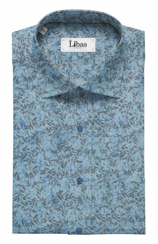 Raymond Aegean Blue Self Checks Trouser Fabric With Bombay Rayon Medium Blue Floral Printed Shirt Fabric (Unstitched)