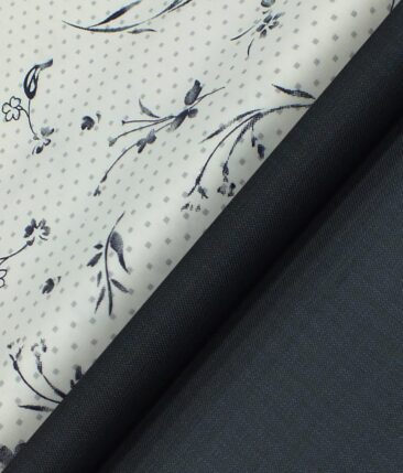 Raymond Dark Blue Self Design Trouser Fabric With Nemesis White Floral Printed Shirt Fabric (Unstitched)