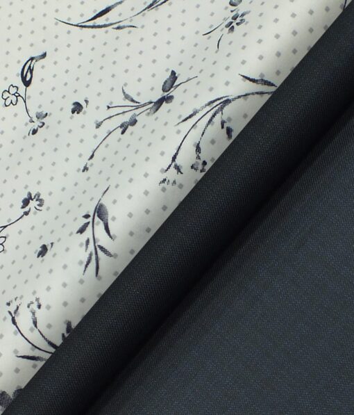 Raymond Dark Blue Self Design Trouser Fabric With Nemesis White Floral Printed Shirt Fabric (Unstitched)