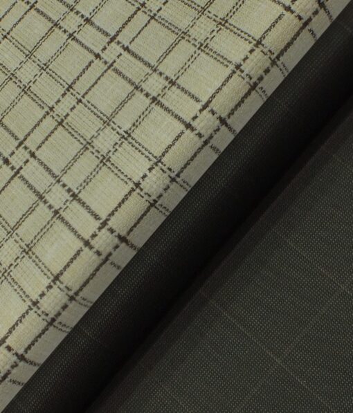 Reid & Taylor Dark Brown Checks Trouser Fabric With Exquisite Khadi Look Beige Checks Shirt Fabric (Unstitched)