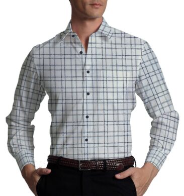 Reid & Taylor Stone Blue Self Checks Trouser Fabric With Exquisite Khadi Look White Checks Shirt Fabric (Unstitched)