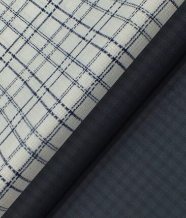 Reid & Taylor Stone Blue Self Checks Trouser Fabric With Exquisite Khadi Look White Checks Shirt Fabric (Unstitched)