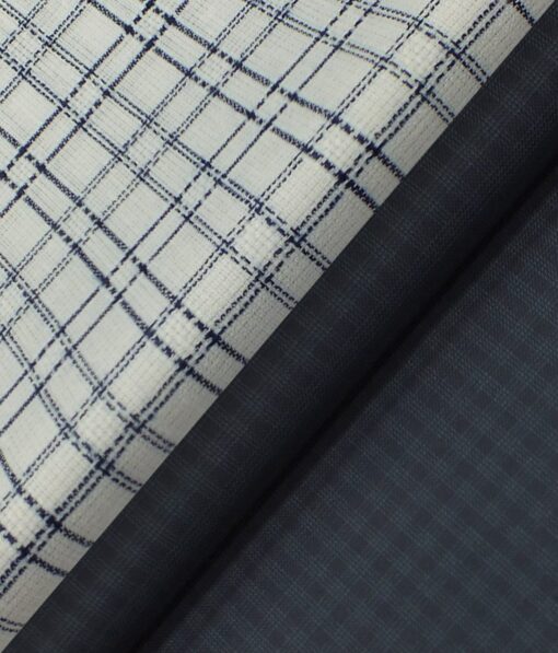 Reid & Taylor Stone Blue Self Checks Trouser Fabric With Exquisite Khadi Look White Checks Shirt Fabric (Unstitched)