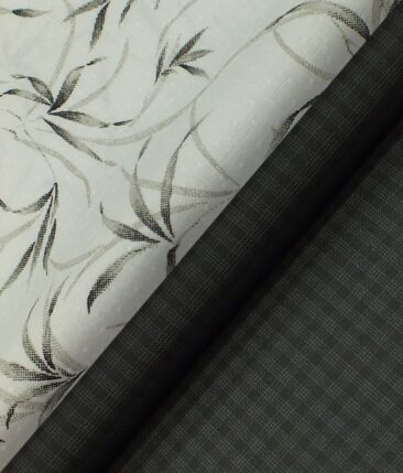 Reid & Taylor Blackish Grey Checks Trouser Fabric With Exquisite Khadi Look White Printed Shirt Fabric (Unstitched)