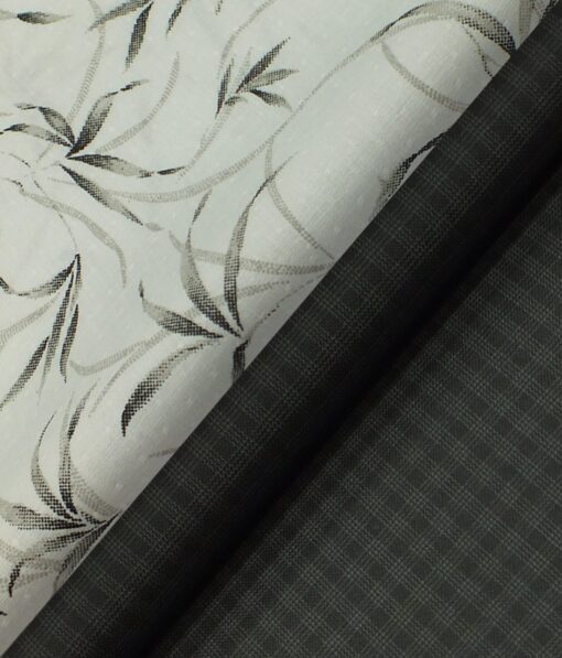 Reid & Taylor Blackish Grey Checks Trouser Fabric With Exquisite Khadi Look White Printed Shirt Fabric (Unstitched)