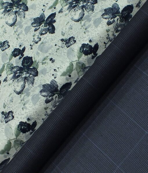 Reid & Taylor Dark Aegean Blue Checks Trouser Fabric With Exquisite White Printed Shirt Fabric (Unstitched)