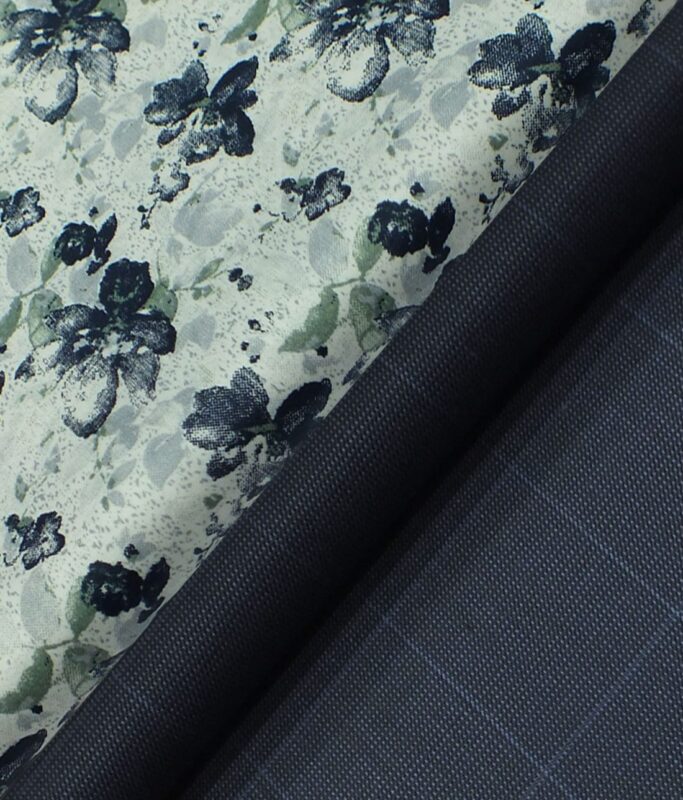 Reid & Taylor Dark Aegean Blue Checks Trouser Fabric With Exquisite White Printed Shirt Fabric (Unstitched)