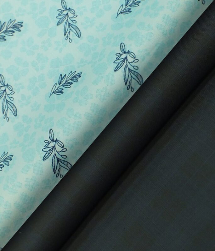 Reid & Taylor Dark Blue Self Checks Trouser Fabric With Exquisite Firozi Blue Printed Shirt Fabric (Unstitched)