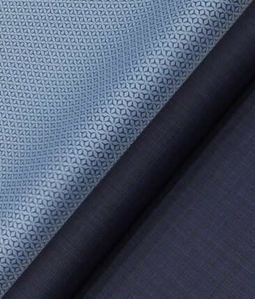 Reid & Taylor Dark Navy Blue Self Checks Trouser Fabric With Exquisite Sky Blue Printed Shirt Fabric (Unstitched)