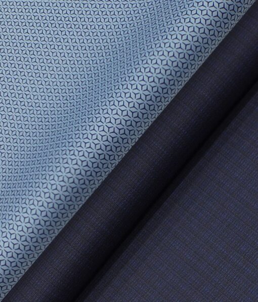Reid & Taylor Dark Navy Blue Self Checks Trouser Fabric With Exquisite Sky Blue Printed Shirt Fabric (Unstitched)
