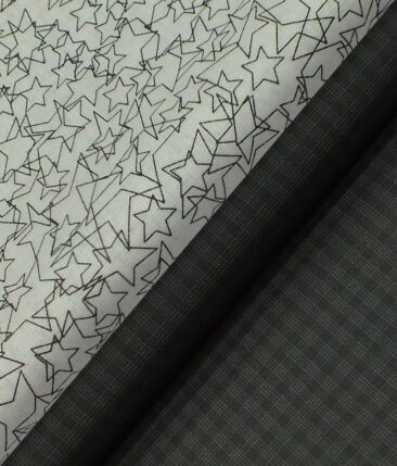 Reid & Taylor Blackish Grey Checks Trouser Fabric With Bombay Rayon Linen Cotton White Printed Shirt Fabric (Unstitched)