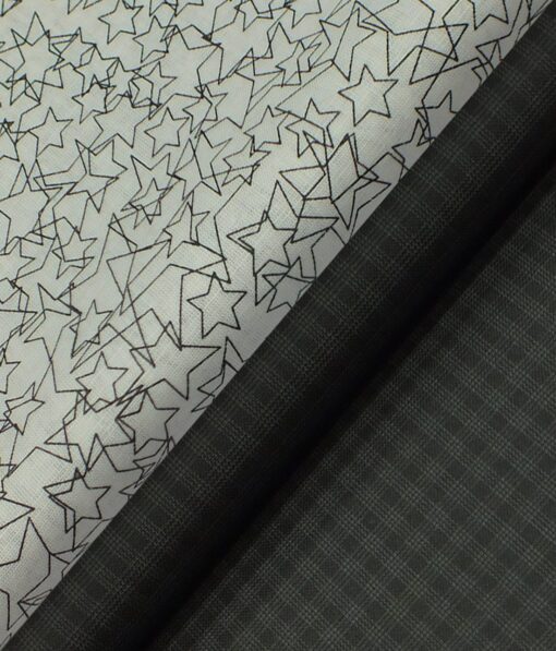Reid & Taylor Blackish Grey Checks Trouser Fabric With Bombay Rayon Linen Cotton White Printed Shirt Fabric (Unstitched)