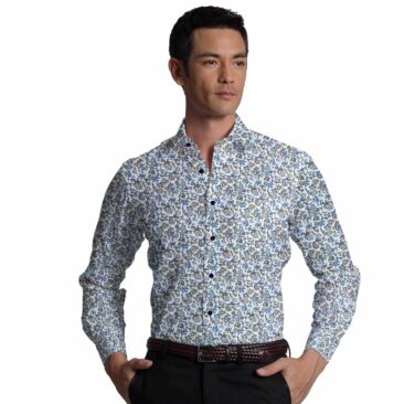 Reid & Taylor Dark Denim Blue Checks Trouser Fabric With Bombay Rayon White base Multicolor Printed Shirt Fabric (Unstitched)