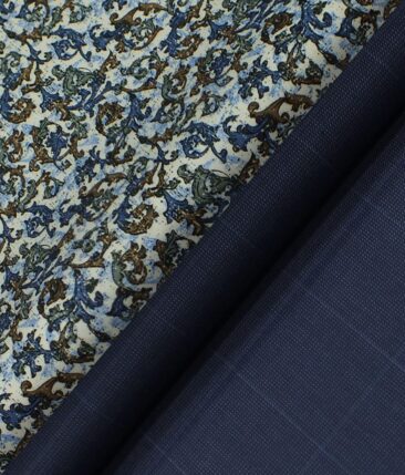 Reid & Taylor Dark Denim Blue Checks Trouser Fabric With Bombay Rayon White base Multicolor Printed Shirt Fabric (Unstitched)