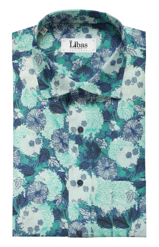 Reid & Taylor Dark Blue Self Checks Trouser Fabric With Nemesis White Base Green Floral Printed Shirt Fabric (Unstitched)