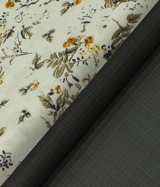 Reid & Taylor Dark Greenish Grey Self Checks Trouser Fabric With Exquisite Off White Linen Cotton Floral Printed Shirt Fabric (Unstitched)