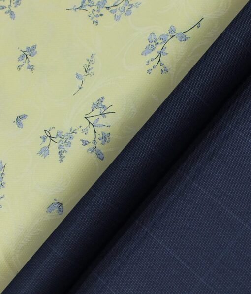 Reid & Taylor Denim Blue Checks Trouser Fabric With Monza Light Yellow Floral Printed Shirt Fabric (Unstitched)