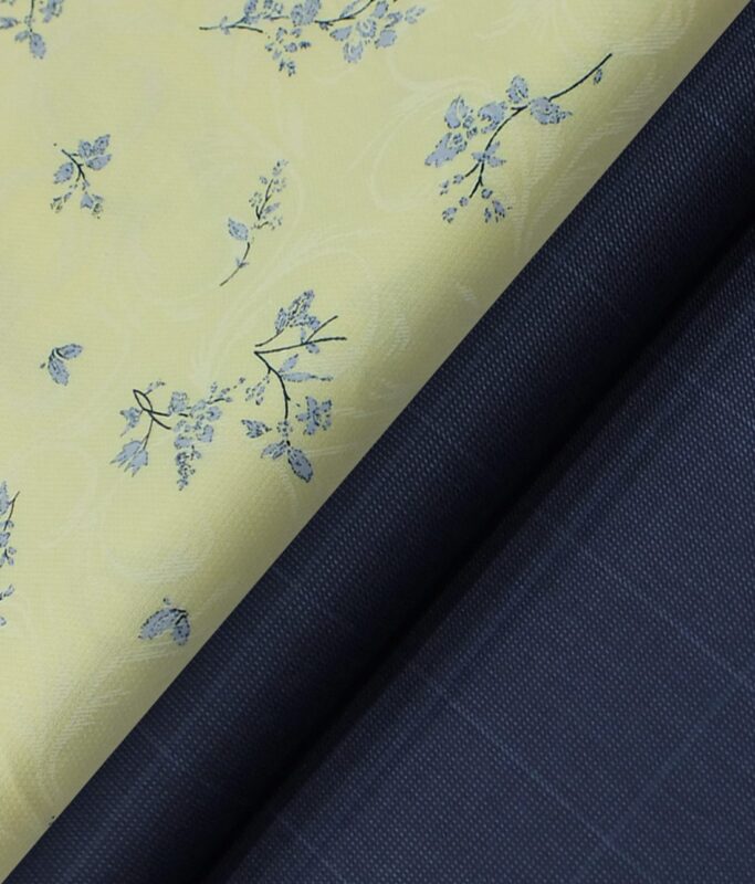 Reid & Taylor Denim Blue Checks Trouser Fabric With Monza Light Yellow Floral Printed Shirt Fabric (Unstitched)
