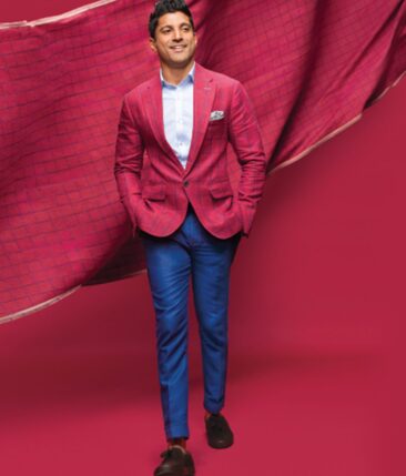 Linen Club Maroon Red 100% European Linen Blue Checks Unstitched Blazer Fabric (2 M)