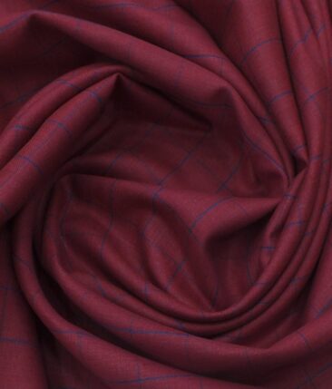 Linen Club Maroon Red 100% European Linen Blue Checks Unstitched Blazer Fabric (2 M)
