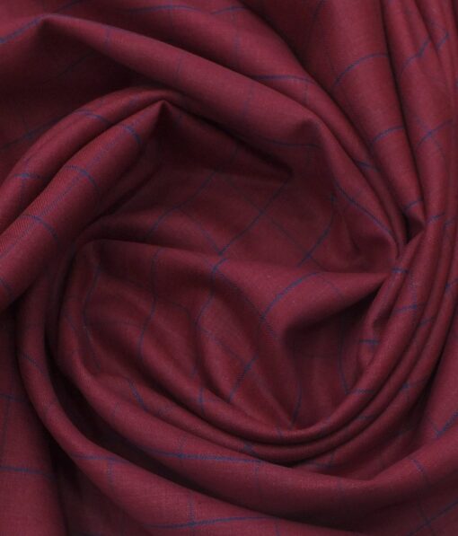Linen Club Maroon Red 100% European Linen Blue Checks Unstitched Blazer Fabric (2 M)