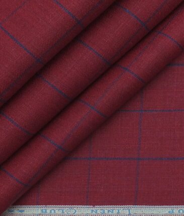 Linen Club Maroon Red 100% European Linen Blue Checks Unstitched Blazer Fabric (2 M)