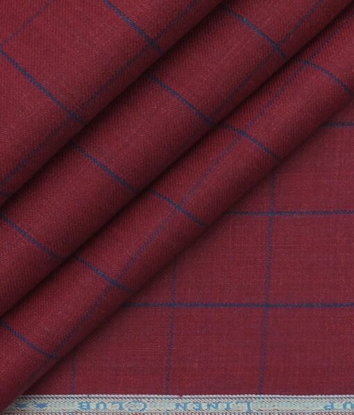 Linen Club Maroon Red 100% European Linen Blue Checks Unstitched Blazer Fabric (2 M)