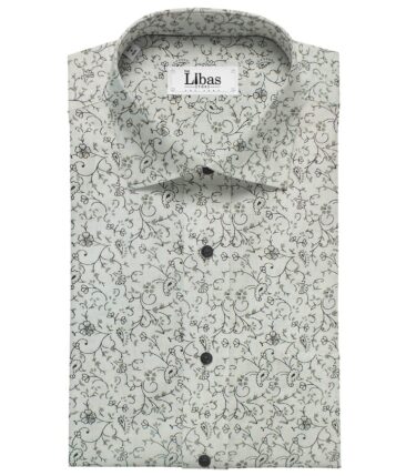 Linen Club White base 100% Pure Linen 60 LEA Grey Floral Print Shirt Fabric (1.60 M)