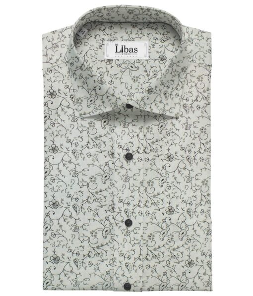 Linen Club White base 100% Pure Linen 60 LEA Grey Floral Print Shirt Fabric (1.60 M)
