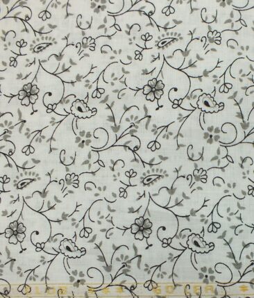 Linen Club White base 100% Pure Linen 60 LEA Grey Floral Print Shirt Fabric (1.60 M)