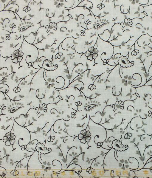 Linen Club White base 100% Pure Linen 60 LEA Grey Floral Print Shirt Fabric (1.60 M)