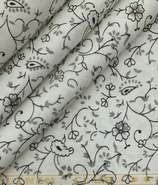 Linen Club White base 100% Pure Linen 60 LEA Grey Floral Print Shirt Fabric (1.60 M)
