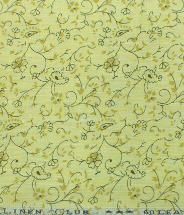 Linen Club Lemon Yellow base 100% Pure Linen 60 LEA Brown Floral Print Shirt Fabric (1.60 M)