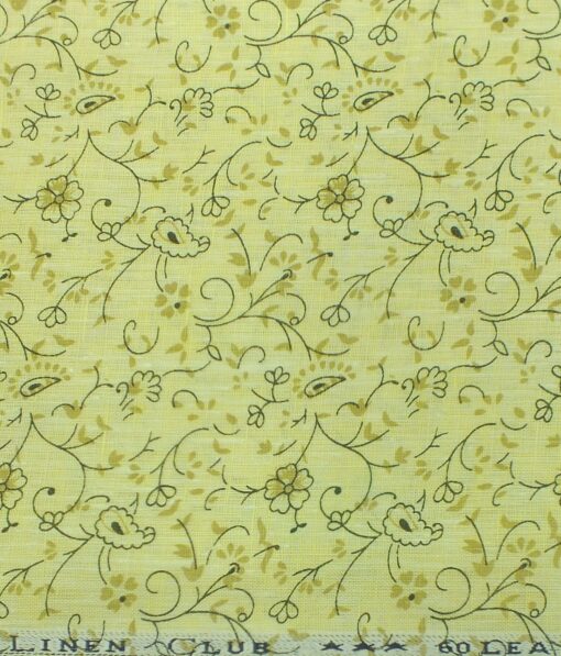 Linen Club Lemon Yellow base 100% Pure Linen 60 LEA Brown Floral Print Shirt Fabric (1.60 M)