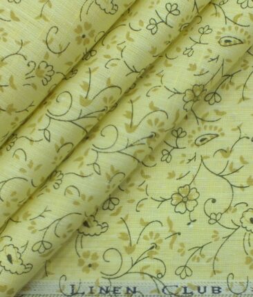 Linen Club Lemon Yellow base 100% Pure Linen 60 LEA Brown Floral Print Shirt Fabric (1.60 M)