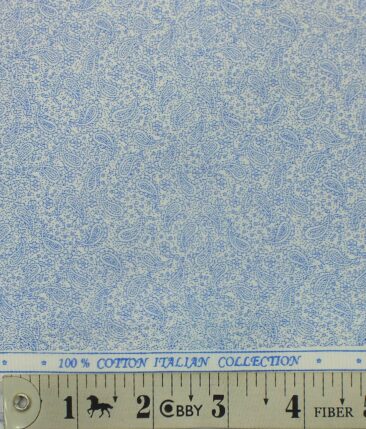 Exquisite  White Base Pure Cotton Blue Paisley Print Shirt Fabric (1.60 M)